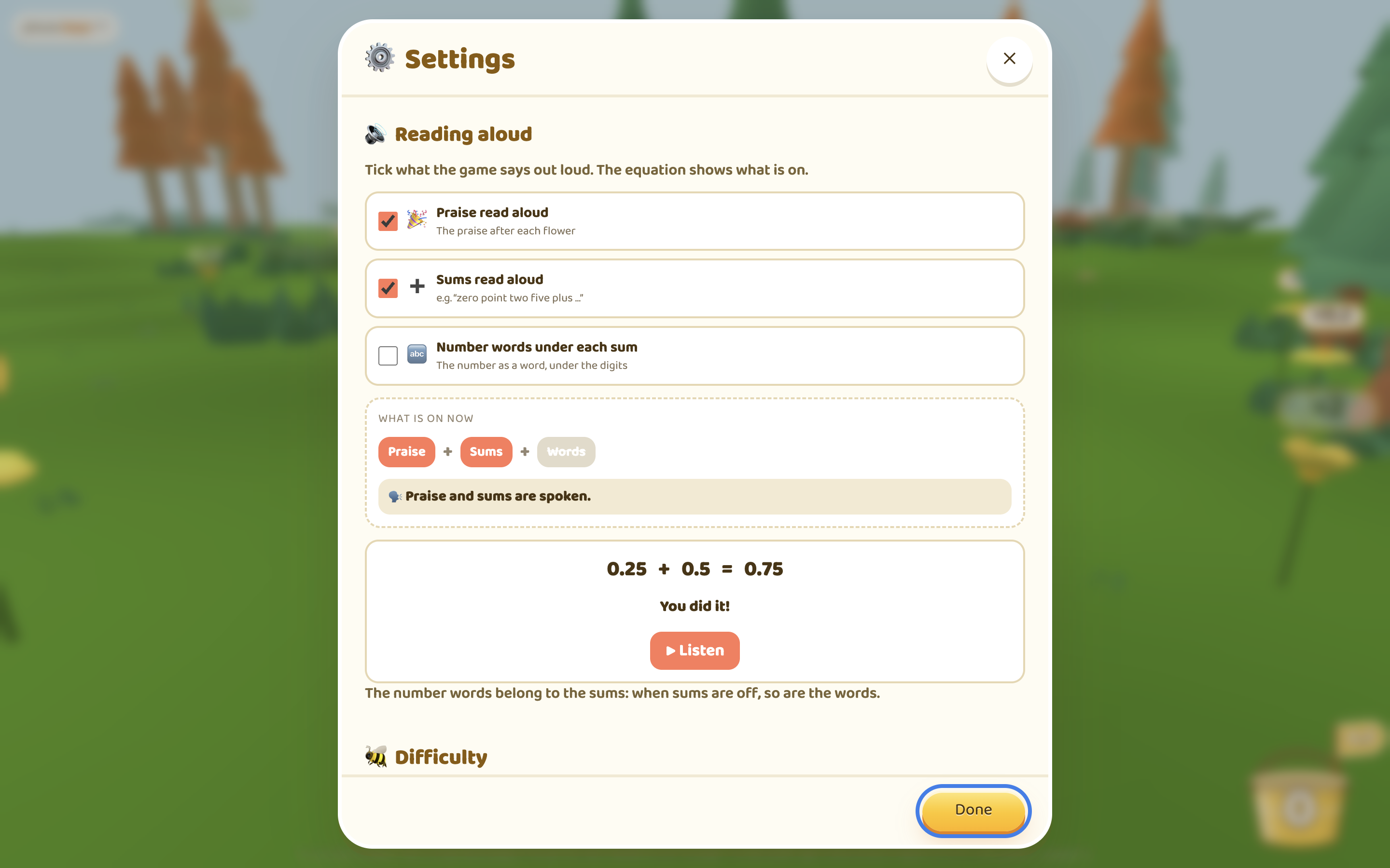 The grown-ups' settings: choose what the game reads aloud